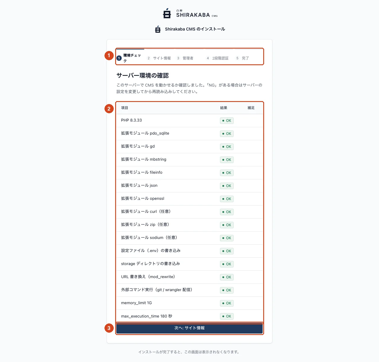 インストーラーのステップ 1。サーバー環境の確認結果がすべて OK になっている